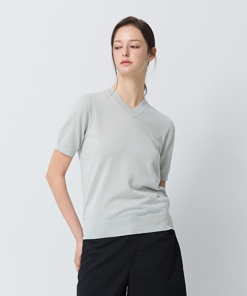 SHINE ON YOU Linen Cotton V-Neck Short Sleeve Knit - Cloud Mist