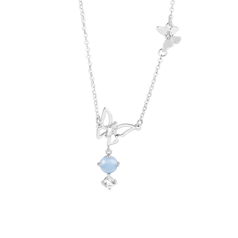 ANENJERY Hollow Butterfly Pendant Necklace for Women Silver Blue Stone Choker Necklaces Wedding Jewelry S-N718