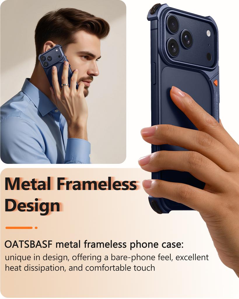 Oatsbasf Metalen Frameloze Telefoonhoes voor iPhone 17 Pro Max & 17 Pro Schokbestendige Bumper 9 Vorm Telefoonhoesje Blote Telefoon Gevoel Shell