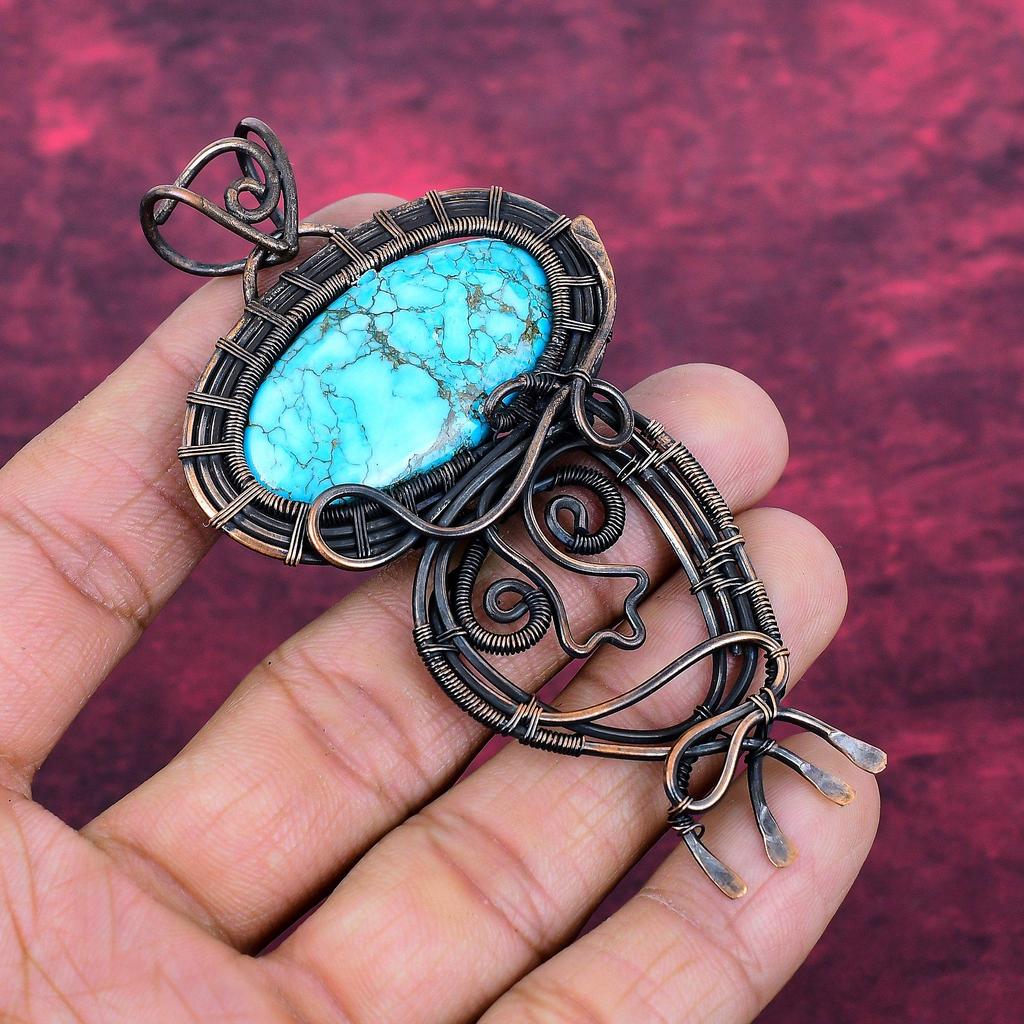 Tibetan Turquoise Gemstone Pendant Handmade Jewelry Copper Wire Wrapped Pendant