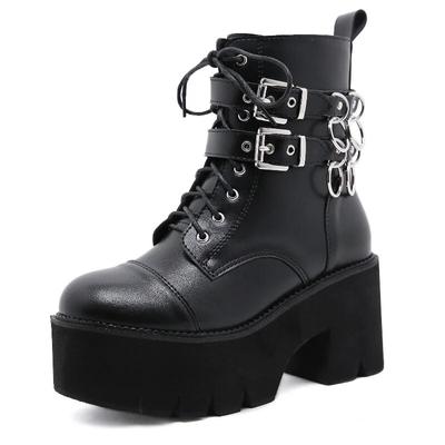 2024 Winter 8,5 cm Heels Große Stiefel Schnellverkauf Gürtelschnalle Dicker Boden Muffin Front Lace Up Damenstiefel Lhx