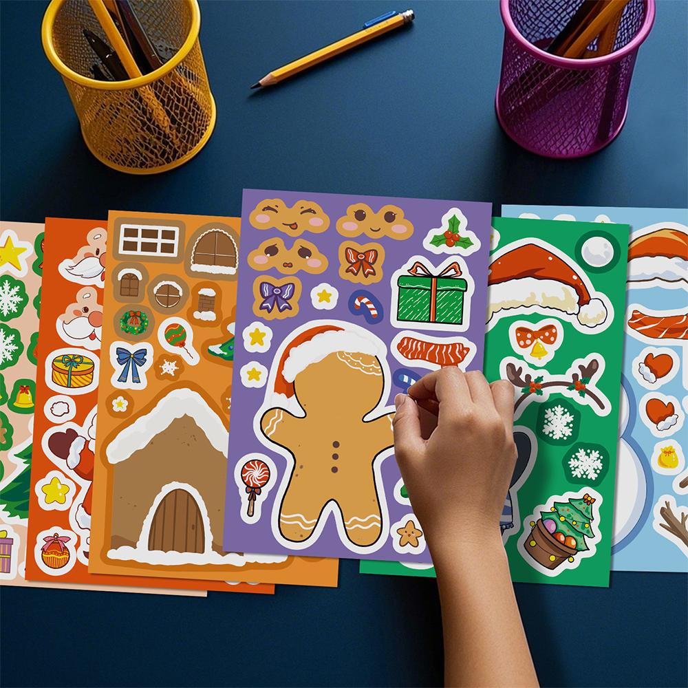 8/16sheets Merry Christmas Puzzle Stickers Cartoon Santa Claus Make a Face Jigsaw Decals Funny Assemble Education Toy Boys Girls