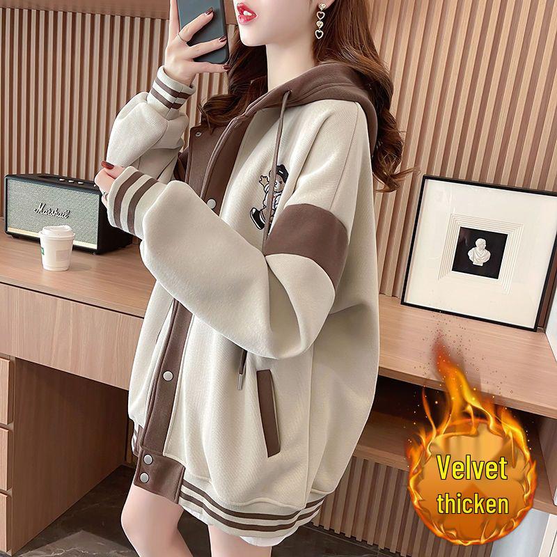 Women's Fleece-Lined Hooded Sweatshirt: Autumn/Winter Loose Fit Korean-Style Baseball Jacket