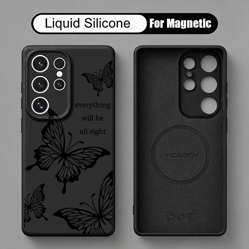 Goldern Sketch Butterfly Case For Samsung Galaxy S26 S25 Ultra S24 Plus S23 S22 Ultra Magnetic For Magsafe Liquid Silicone Cover