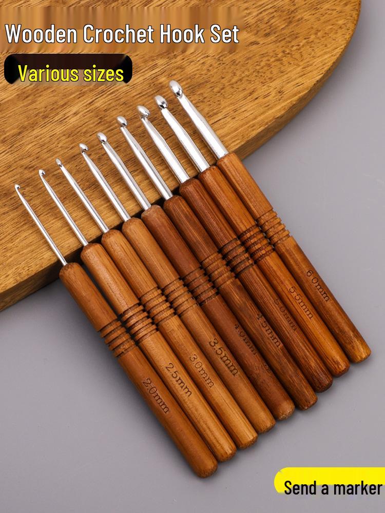 Set croșete din lemn rotunde pentru proiecte cu fir: Pulover, Păpușă, Papuci de casă și Pachet Material Tricotat