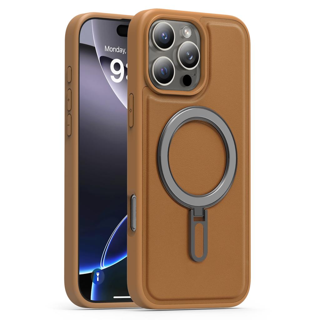 Magsafe Magnetic Metal Car Bracket Ring Luxury Matte Leather Phone Case For iPhone 16 Pro Max 14 11 12 13 15 Pro Max Back Cover