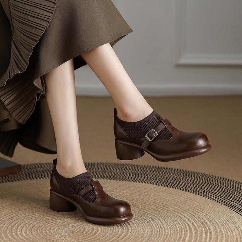 

Large size flying weaving deep mouth single shoes new Mary Jane shoes belt buckle thick heel small leather shoes 42