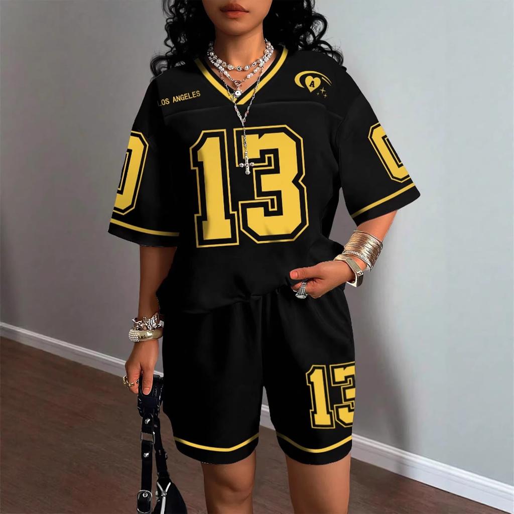 Summer New Style Casual Comfortable Short-sleeved V-neck Shorts Set with Trendy Letter Print