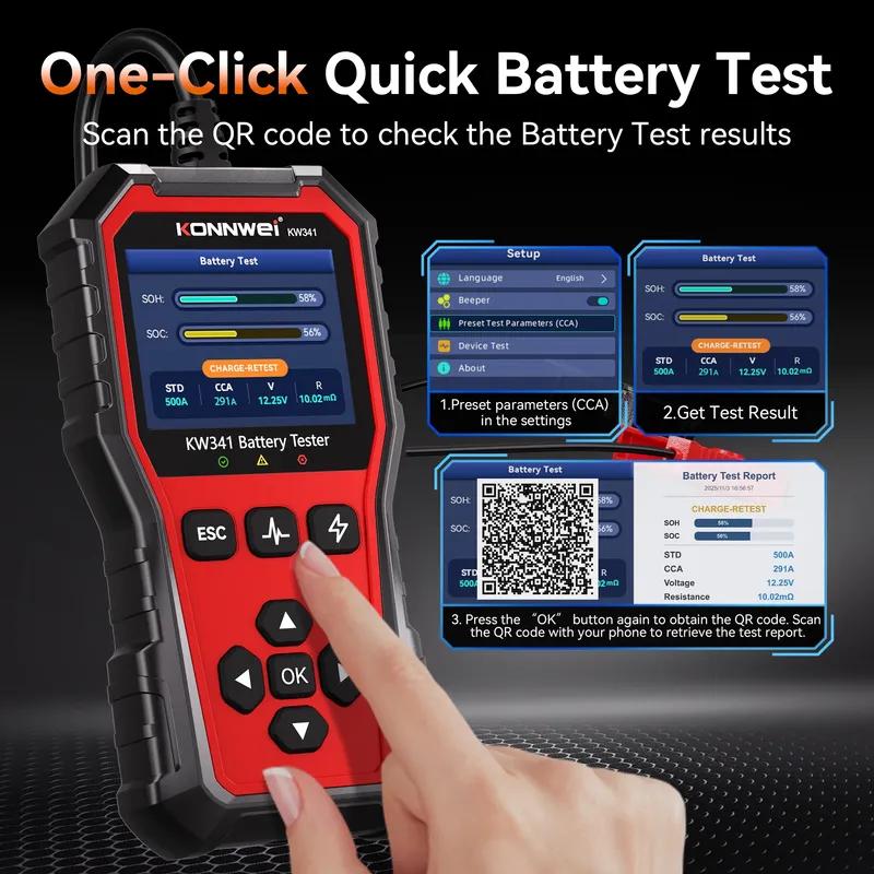 KONNWEI KW341 Car Moto Truck Battery Diagnostic Tool 6V 12V 24V Fault Data Printing Start Voltage Test Car Battery Charging Scan