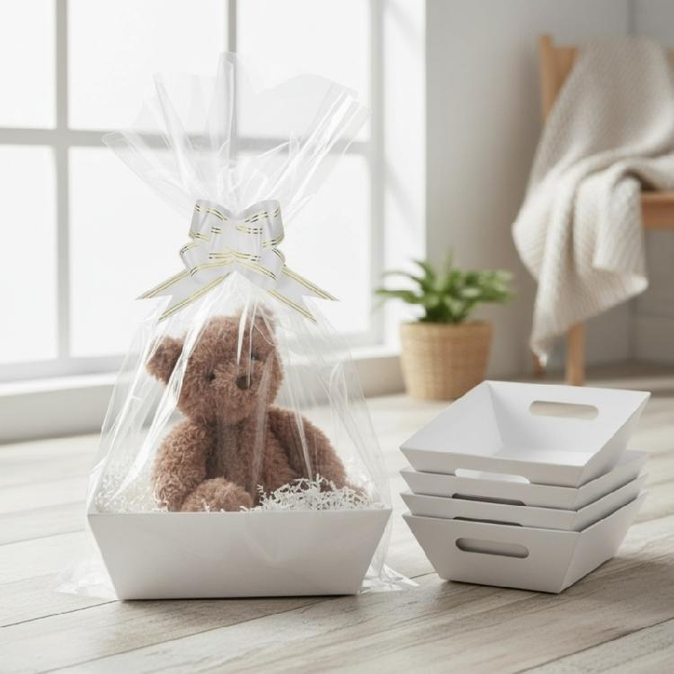 Set of 6 Large White Gift Basket With Ribbons and Handles for Birthdays Holidays Weddings Special Event