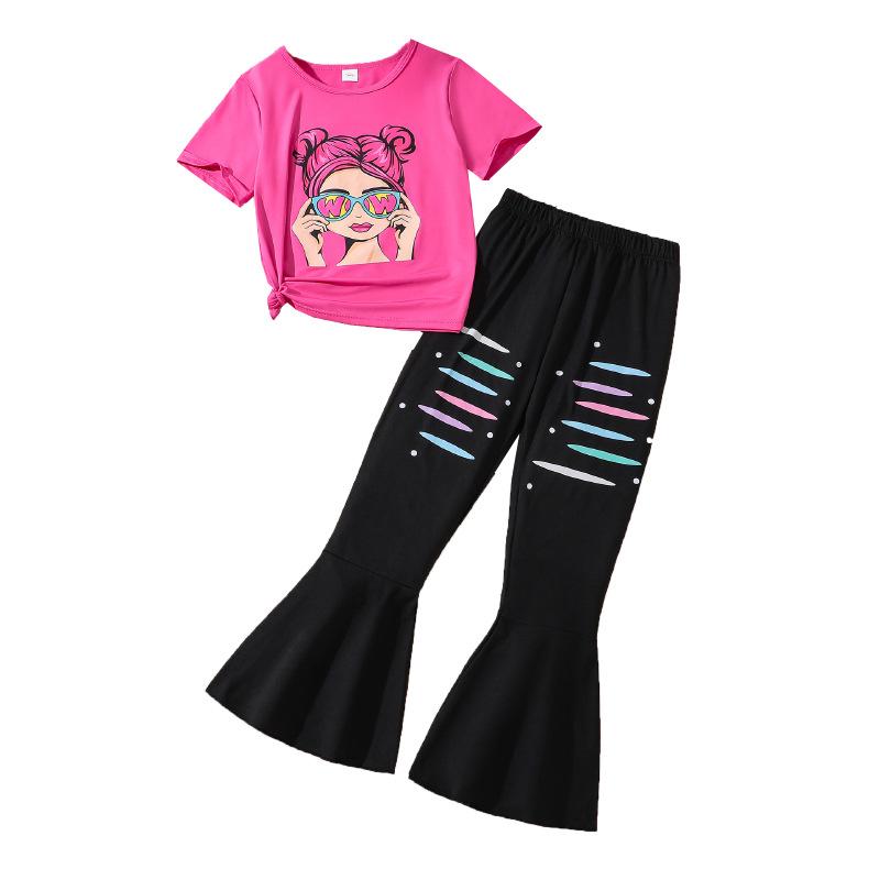 Dívčí módní sada Letní Dětské tričko s krátkým rukávem s potiskem Běžné kalhoty Flare Dvoudílná sada