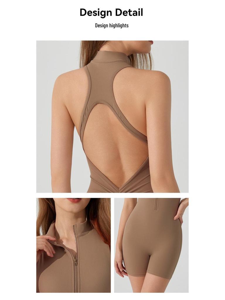 European & American Sports Yoga Bodysuit with Zipper, Open Back, Peach Butt, Double-Sided Brushed Fabric, Shapewear & Bra Pads