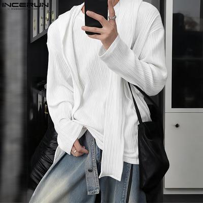 Autumn Men Long Sleeve Hooded Texture Rib Shawl Casual Tops T-shirts