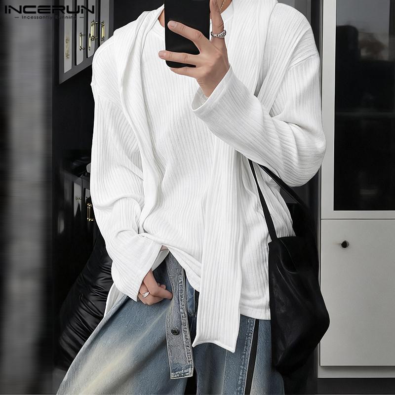 INCERUN Autumn Men Long Sleeve Hooded Texture Rib Shawl Casual Tops T-shirts