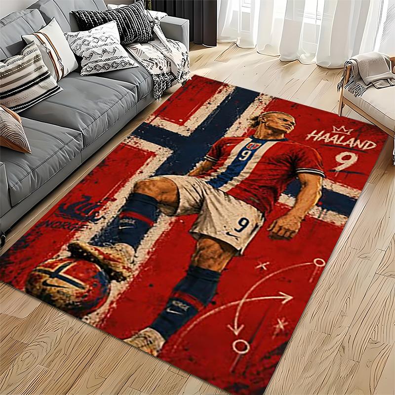 Sports Area Rug, Erling Haaland Norway 9 Flag Vintage Grunge Poster, Fan Cave Decor, Non-Slip Mat