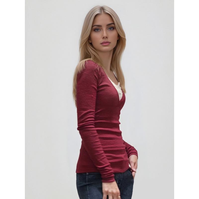Women S Slim Fit Lace Spliced Long Sleeve T Shirt Autumn Winter Base Layer