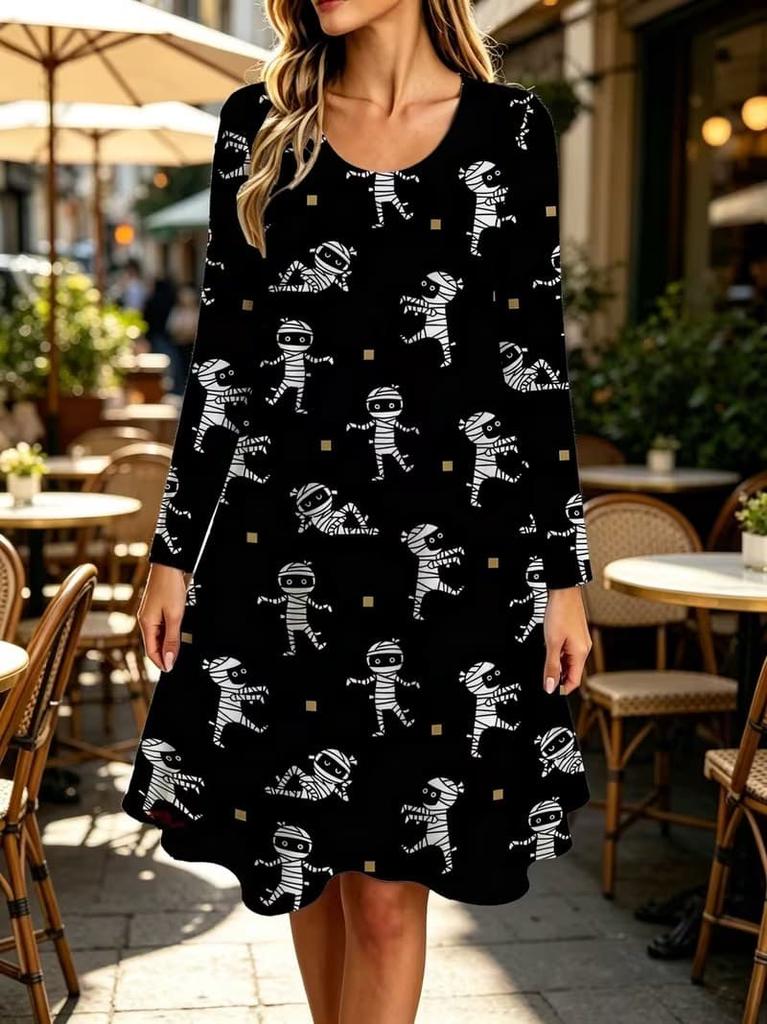 Spring Autumn Women Dress Casual Long Sleeve O-neck 3D Print Loose A-Line Dress Oversized Home Wear Robe