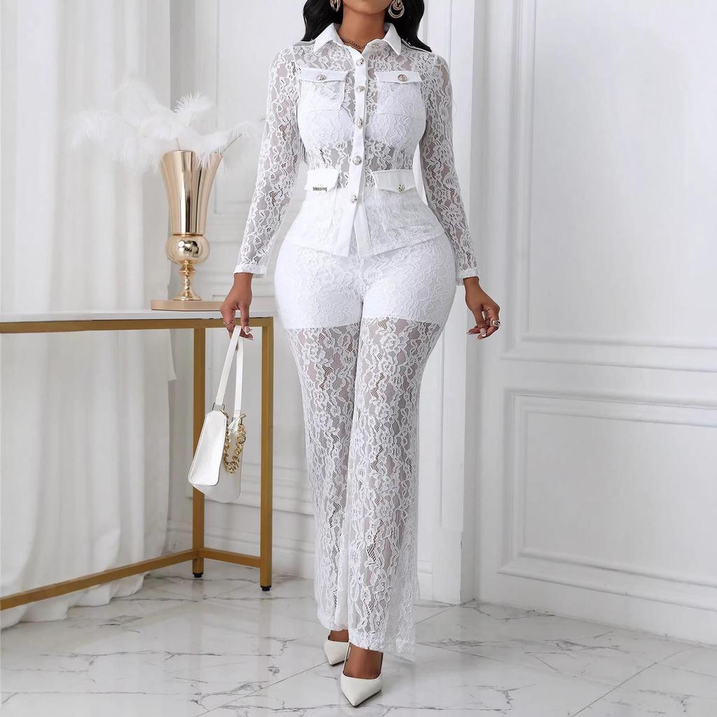 2026 Spring Lace Lapel Suit: European & American Style, Long Sleeve & Pants