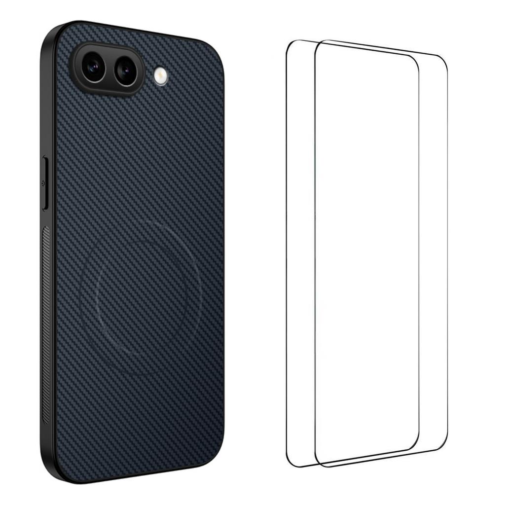 For Google Pixel 9a Magnetic Case WANLONFENG TQ1 Series Carbon Fiber Texture PC TPU Phone Cover with 2Pcs Screen Films