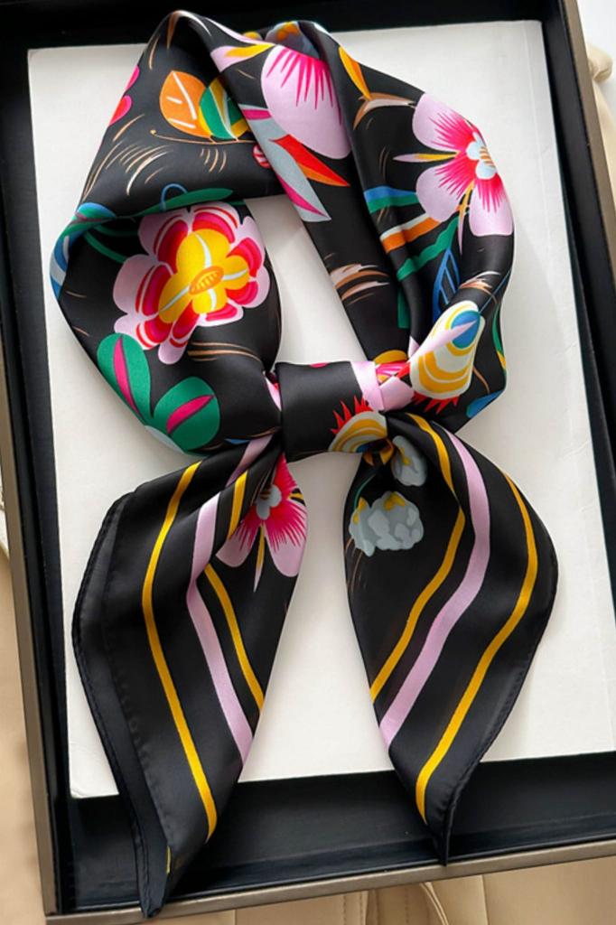 Satin Scarf 70X70 - Flowers on a Black Background