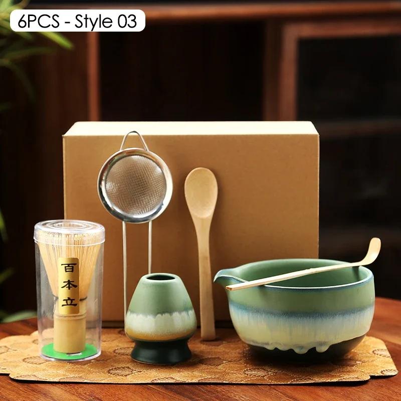 6PCS Matcha Tea Set Ceramic Matcha Bowl Bamboo Whisk Scoop Teaspoon Sifter Vintage Song Dynasty Tea Ceremony Kit