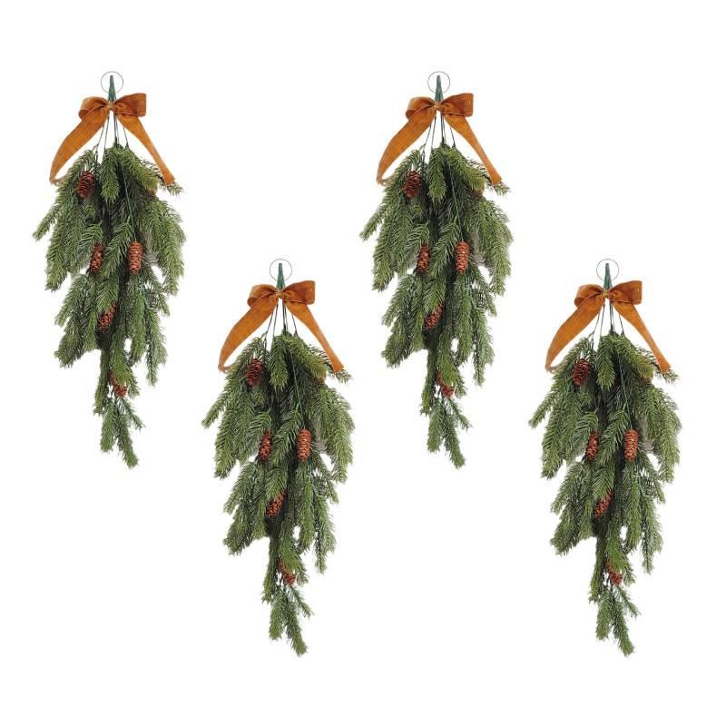 PE Pine Needle Inverted Teardrop Christmas Tree with Velvet Bow - Artificial Hanging Wreath for Home or Staircase Decoration