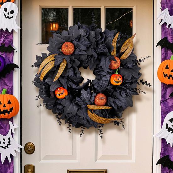 20 Inches Halloween Wreath for Front Door Black Eucalyptus Wreath with Artificial Pumpkin Feather for Indoor Outdoor Wall Window Porch Patio Decor