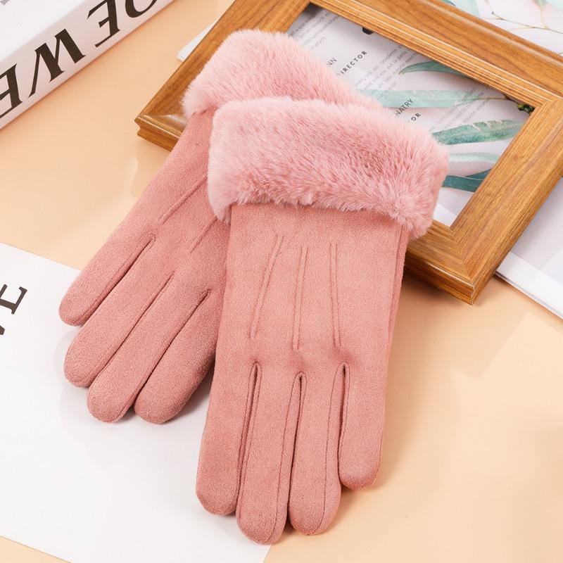 Autumn and winter suede gloves women's warm touch screen gloves imitation Rex rabbit hair mouth piled thickened cold-proof gloves