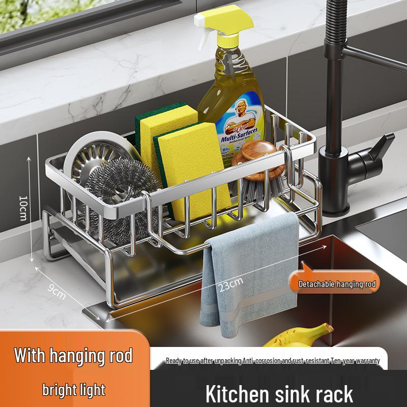 Kitchen Sink Rack & Countertop Multi-function Storage Organizer with Drain Sponge and Scouring Pad Holder.