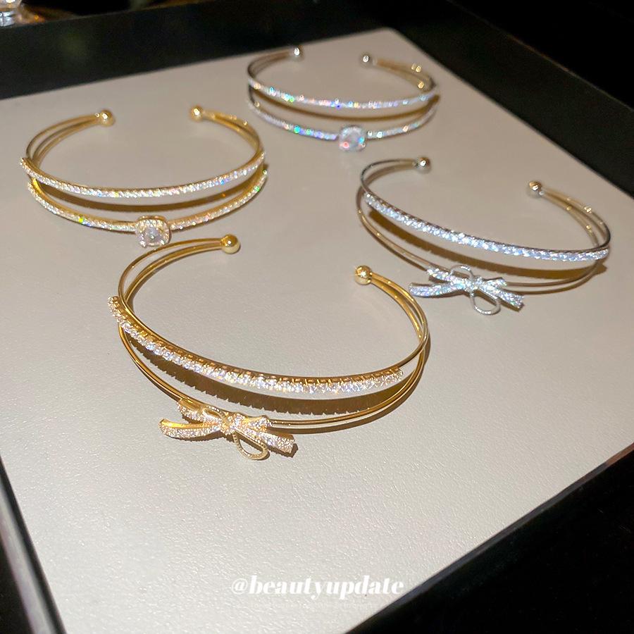 Korean Minimalist Zircon Geometric Open Cuff Bracelet - Light Luxury & Exquisite Design