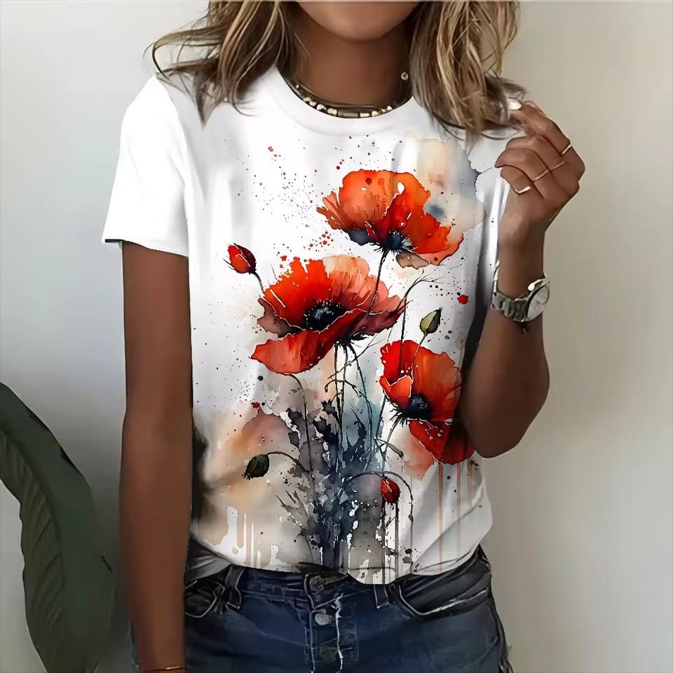 Women's new fashionable and elegant short sleeved T-shirt summer women's noble retro flower 3D printed top T-shirt