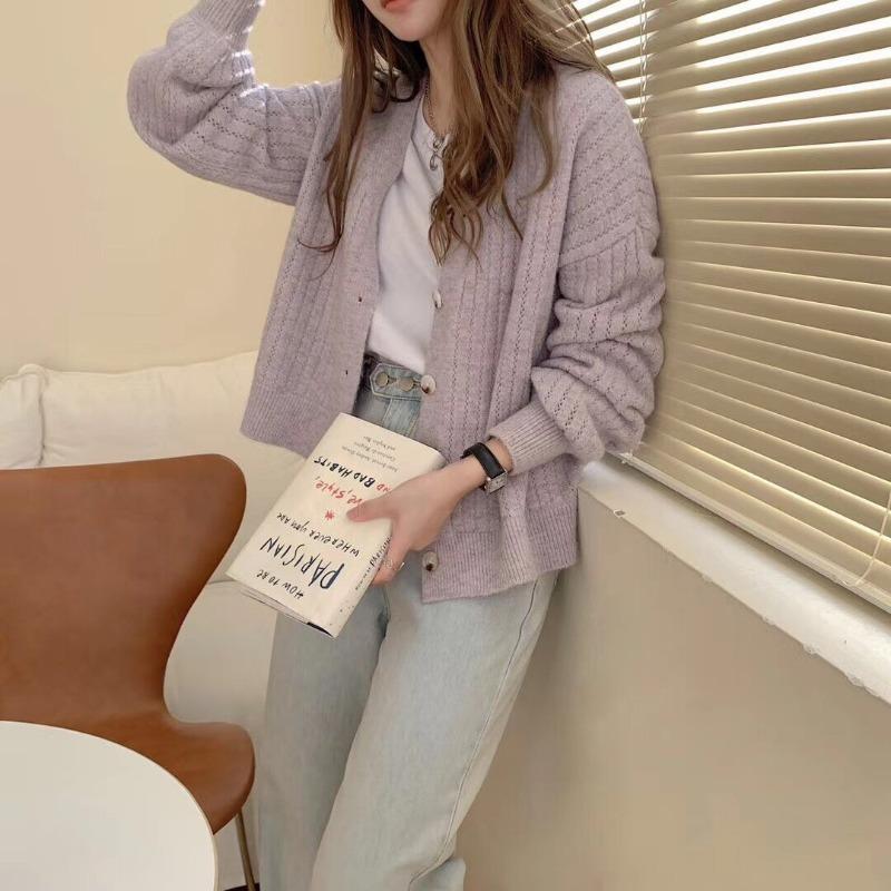 New V Neck Casual Loose Elegant Office Women Sweater Fashion Cardigan Office Lady Jacket Solid Outwear Autumn Winter Knitted Coat Simple Clothing