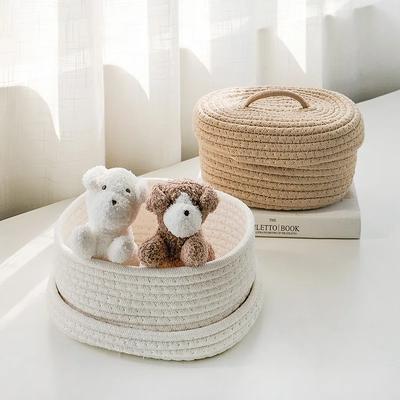 Baumwollstrick Aufbewahrungsbox Einfarbig Oval Desktop Ordnungsbox mit Deckel Kosmetik Aufbewahrungskorb Rattan Schreibtisch Schubladenorganizer