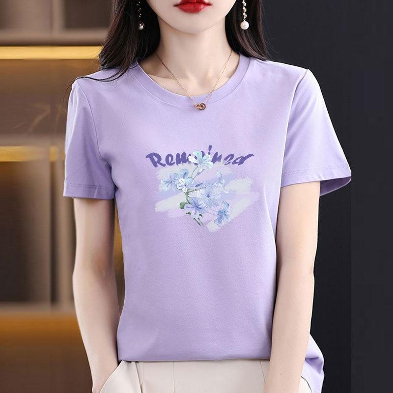 White Short Sleeved T-shirt for Women, Loose Printed T-shirt for Upper Garment