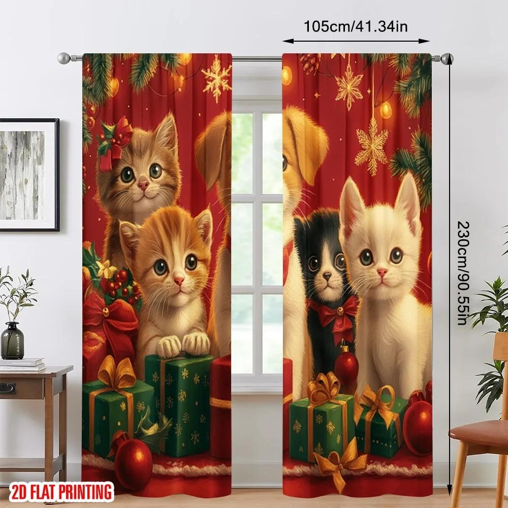 2pcs Cute Kitten Pattern Curtain   Design Window Drapes   Polyester Fabric   Christmas Holiday Window Decoration   Home Decor   Rod P