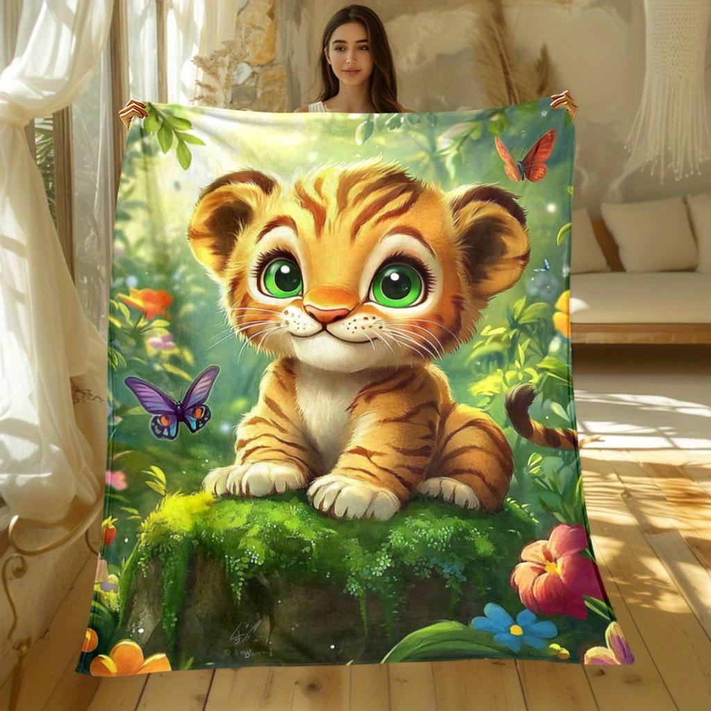 Cute Tiger Cub Forest Animals Cartoon Flannel Blanket Kids Soft Cozy Bedding Animal Print Baby Nursery Decor Throw Cover