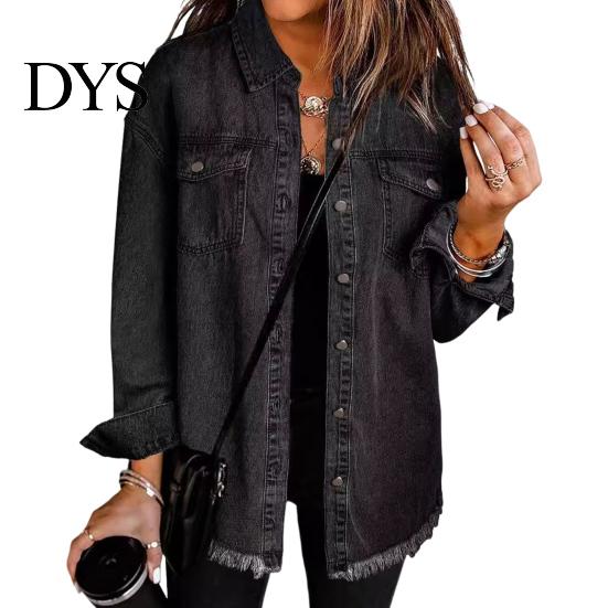 Frayed Hem Jacket Women Denim Coat with Breast Pockets Turn-down Collar Washed Single-breasted Chest Pocket Pure Color Wipped Edge Loose Cardigan Long