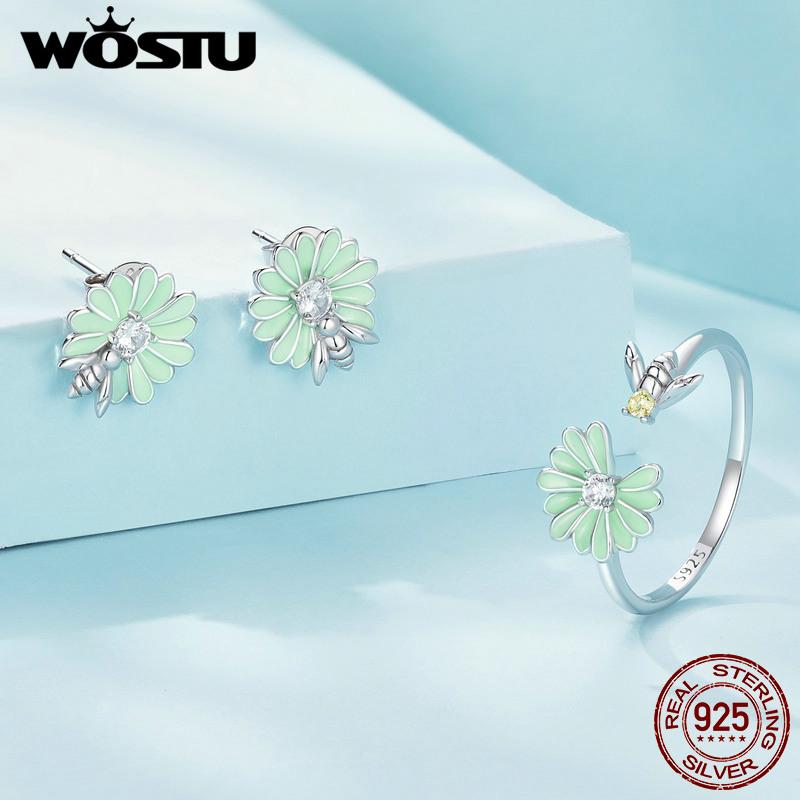 

WOSTU стерлингового серебра 925 пробы, милые серьги-гвоздики с цветком ромашки и маленький синий венок, кольцо на палец, комплект ювелирных изделий для женщин, подарок на день рождения 925 silver