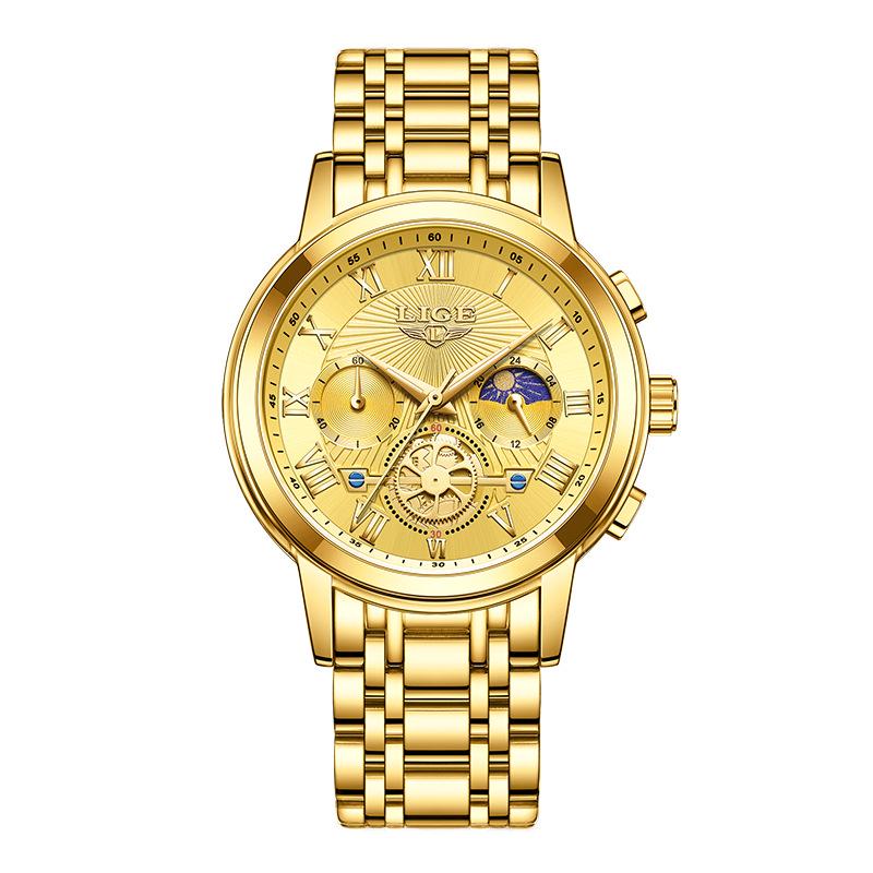 LIGE Men s Quartz Watch - Luminous Moon Phase Multi-Functional Waterproof Business Wristwatch