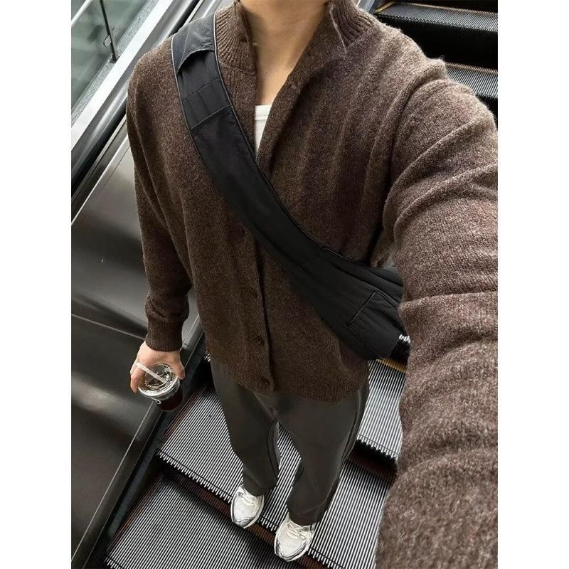 

Cross-Border Cleanfit Retro Loose-Fit Autumn/Winter Men s Cardigan Sweater with Korean Style Half-High Neck Knitwear 3XL кавовий