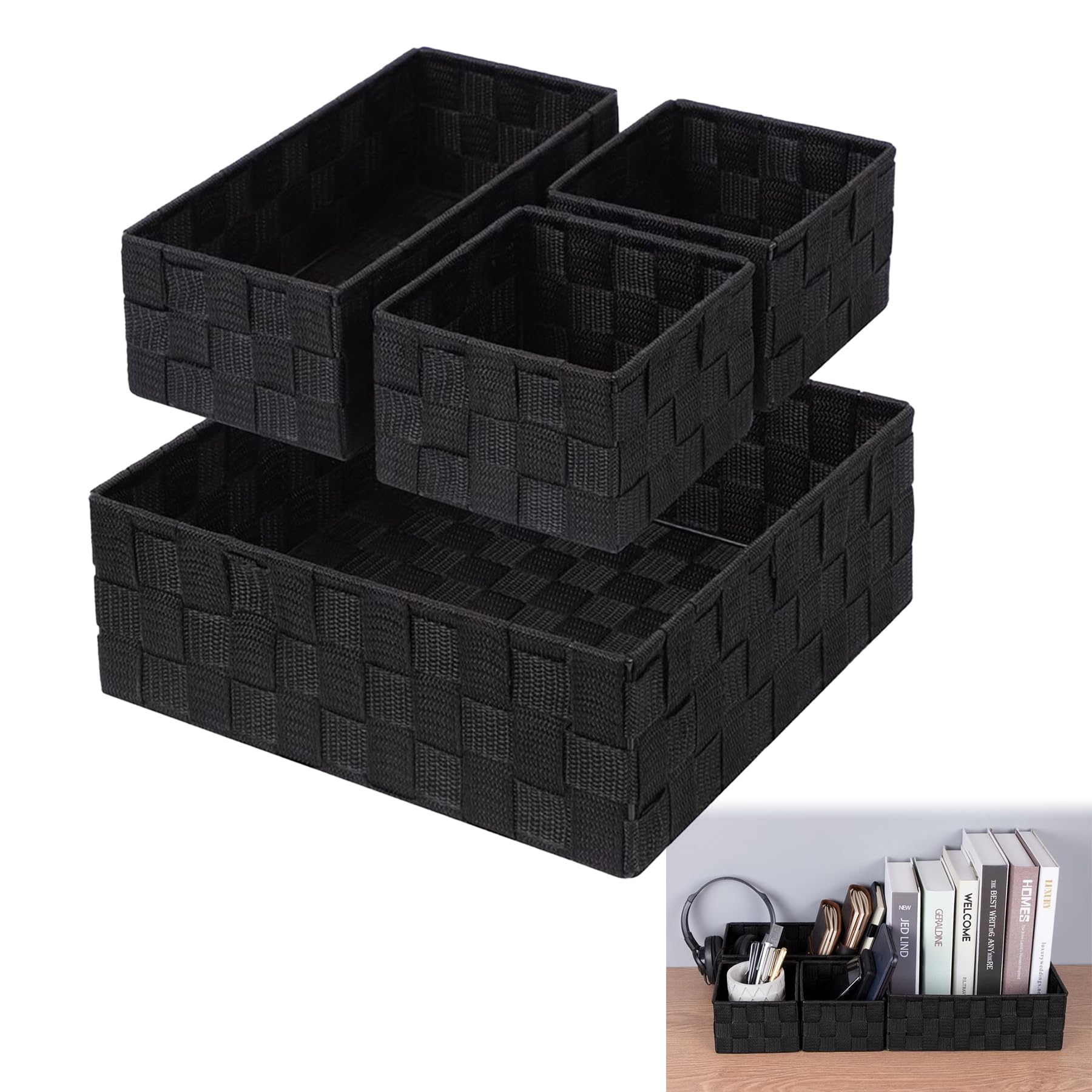 SAGVE Woven Storage Boxes Set of 4 Handwoven Storage Baskets Available in Three Sizes Perfect for Desks Small Item Storage and Household Goods 4770₽