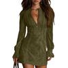 Women Suede Dress V-Neck Zipper Lace Long Sleeve Color Vintage Dress