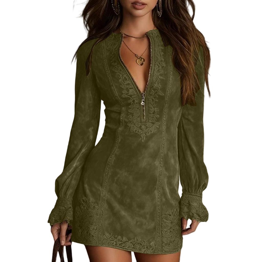 Women Suede Dress V-Neck Zipper Lace Long Sleeve Color Vintage Dress