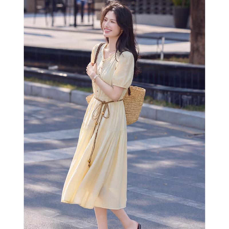 Women's Summer V-Neck A-Line Short Sleeve Tie-Waist Dress