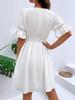 European & American Women's Summer V-neck Solid Color Dress with Patchwork Lace & Waist-cinching Design