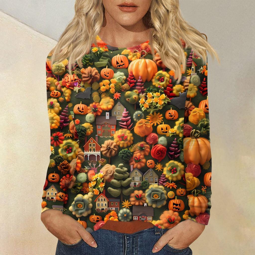 Women's Fashion Casual Halloween Printed Round Neck Long Sleeve Pullover Top