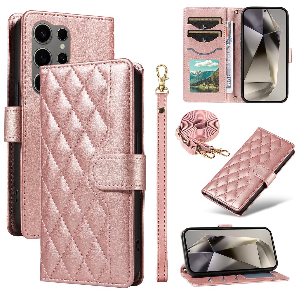 For Samsung Galaxy S25 Ultra Case Wallet Rhombus Leather Phone Cover with Shoulder Strap,Wrist Strap