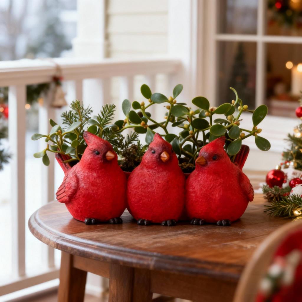 Weihnachtsdekorationsartikel für Zuhause, Garten und Balkon. Drei Rote Vögel Und Pflanzen. Kunsthandwerk aus Harz.
