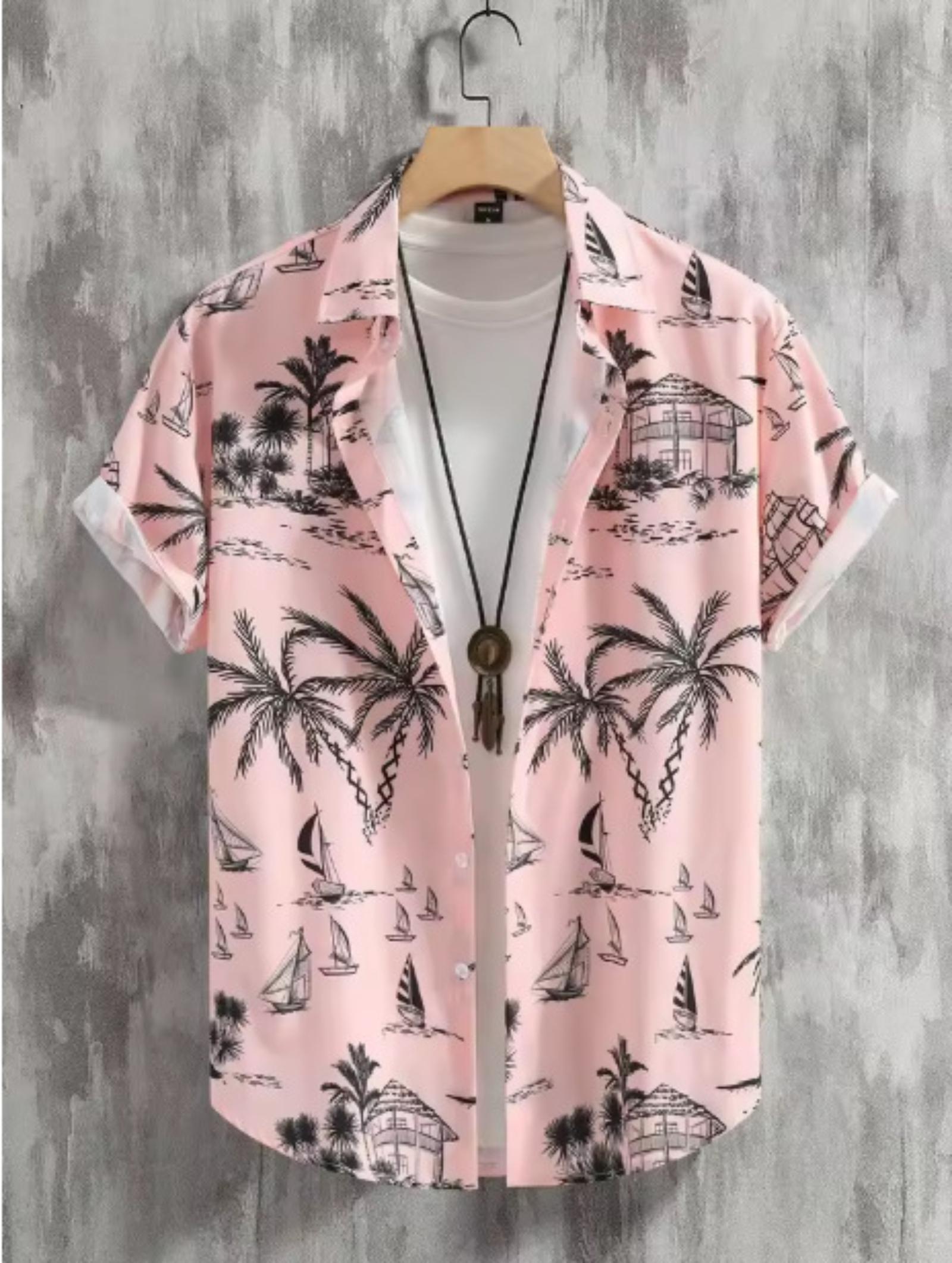 

Men s Short,Sleeved Button,Down Collar Shirt With Tree Floral Pattern Summer Beach Resort Hawaiian Shirt XXL рожевий