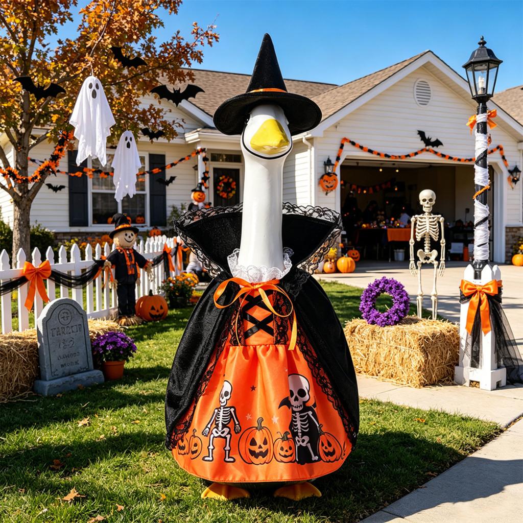 23 Inch Outdoor Porch Goose Halloween Decoration with Witch Costume Skeleton Pumpkin Print Garden Prop for Yard Display